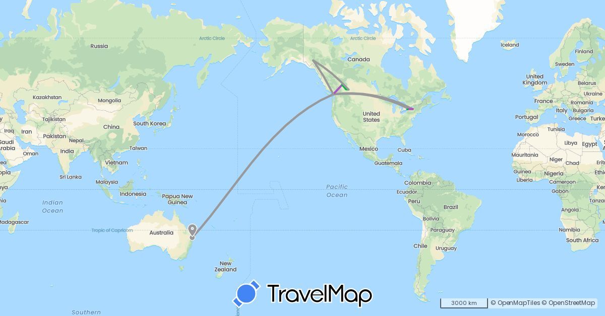 TravelMap itinerary: bus, plane, train in Australia, Canada, United States (North America, Oceania)
